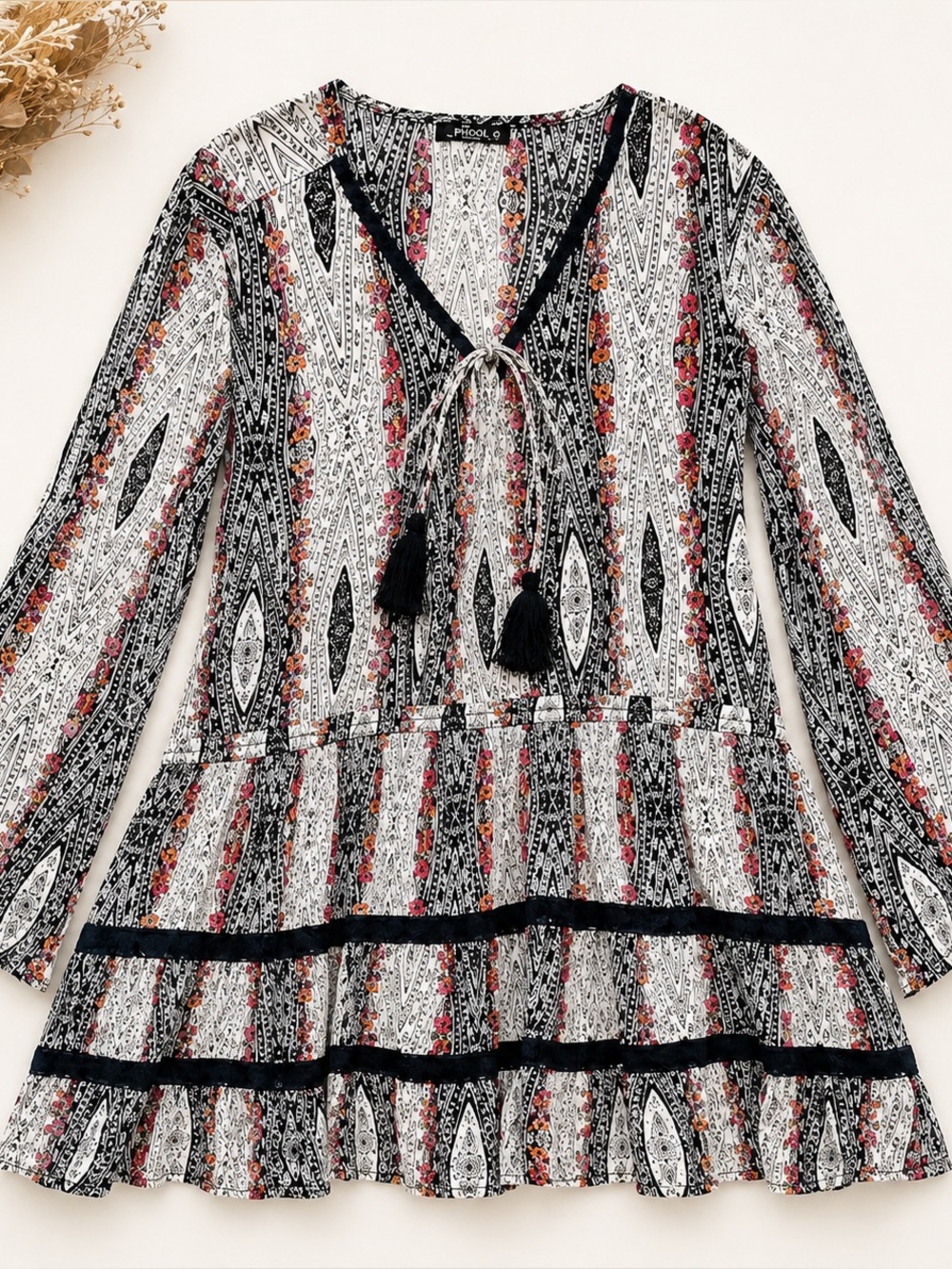 Phool XL Boho Floral Print Tunic Top Tassel Tie Tiered Hem